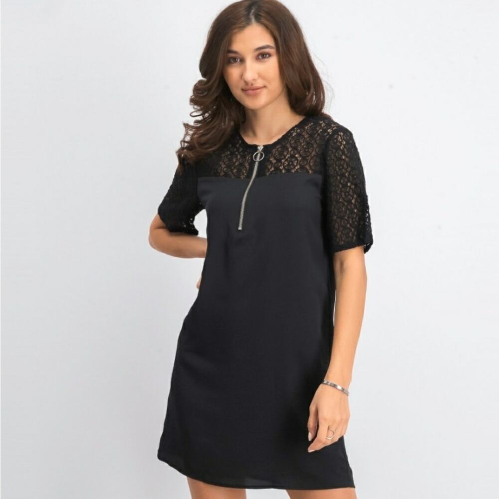 Avec Les Filles Black Lace Shoulder Shift Dress Size XL